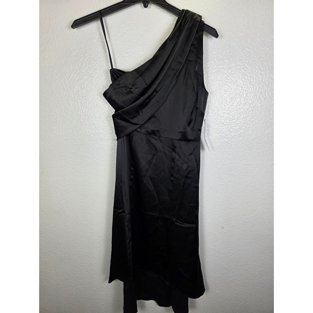 Maggy London Black One Shoulder Satin Cocktail Dress Women's Size US 0
